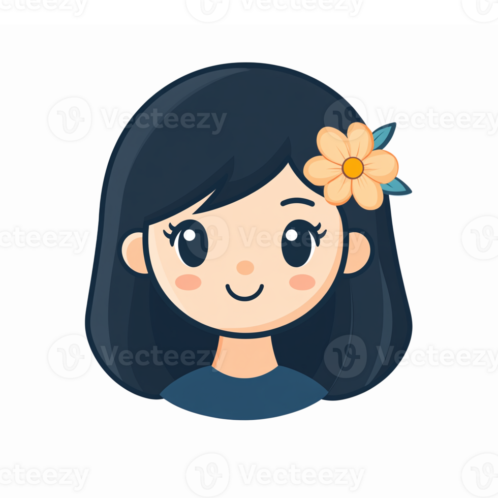 Cheerful girl character with dark hair and flower accent smiling in playful cartoon style png