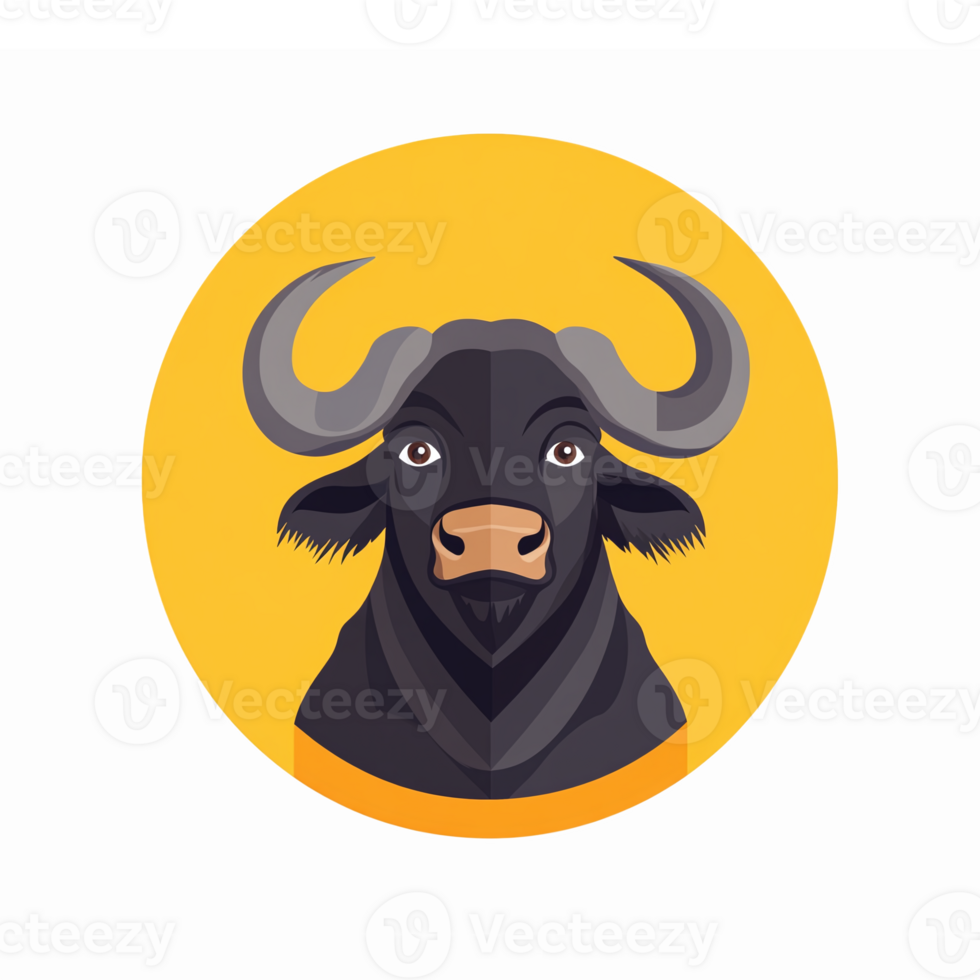 Bold Buffalo Head with Distinctive Horns on Vibrant Yellow Background for Sports and Branding png