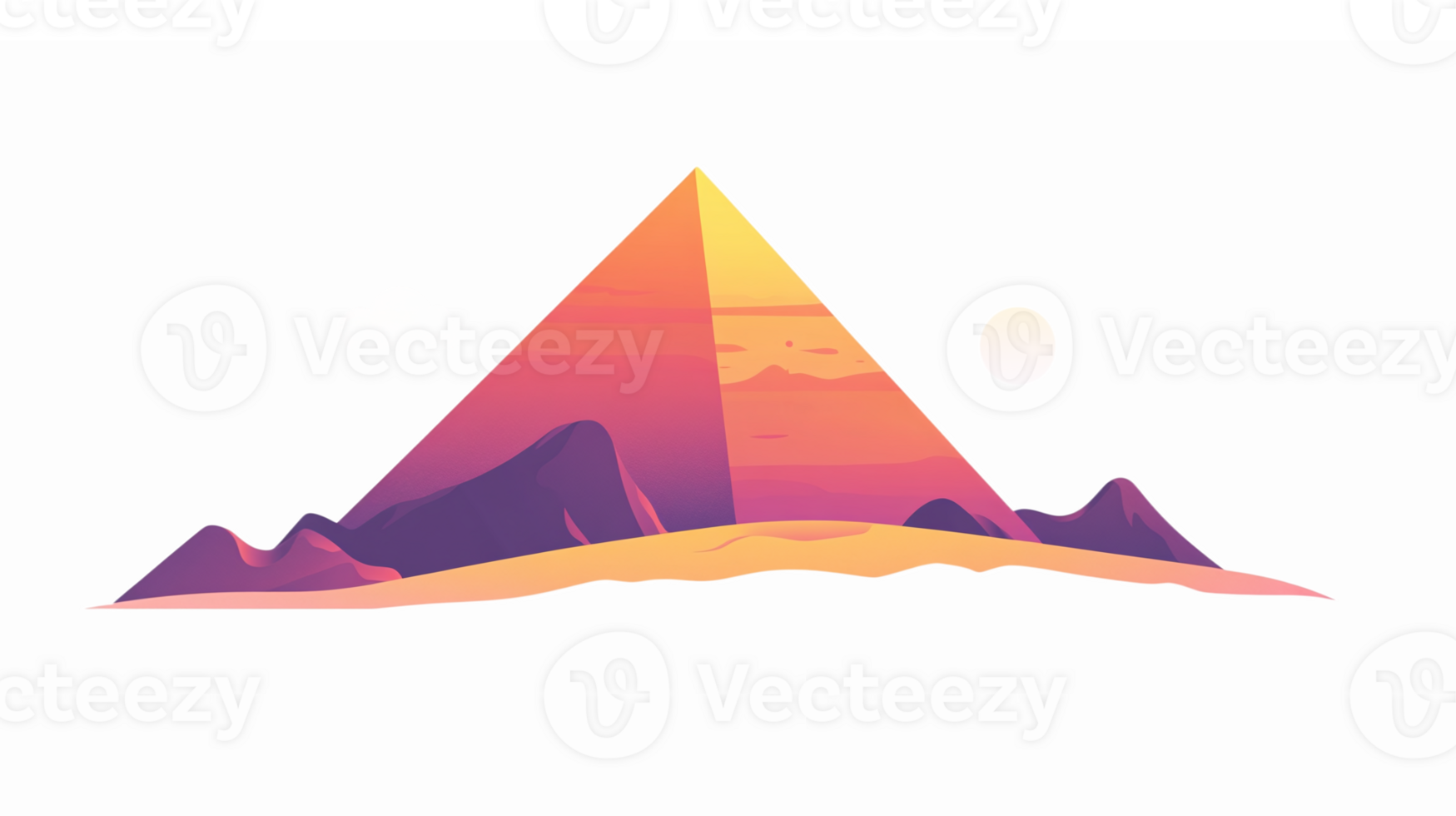 Stylized Pyramid Landscape at Sunset with Mountains and Clouds in Vibrant Colors png