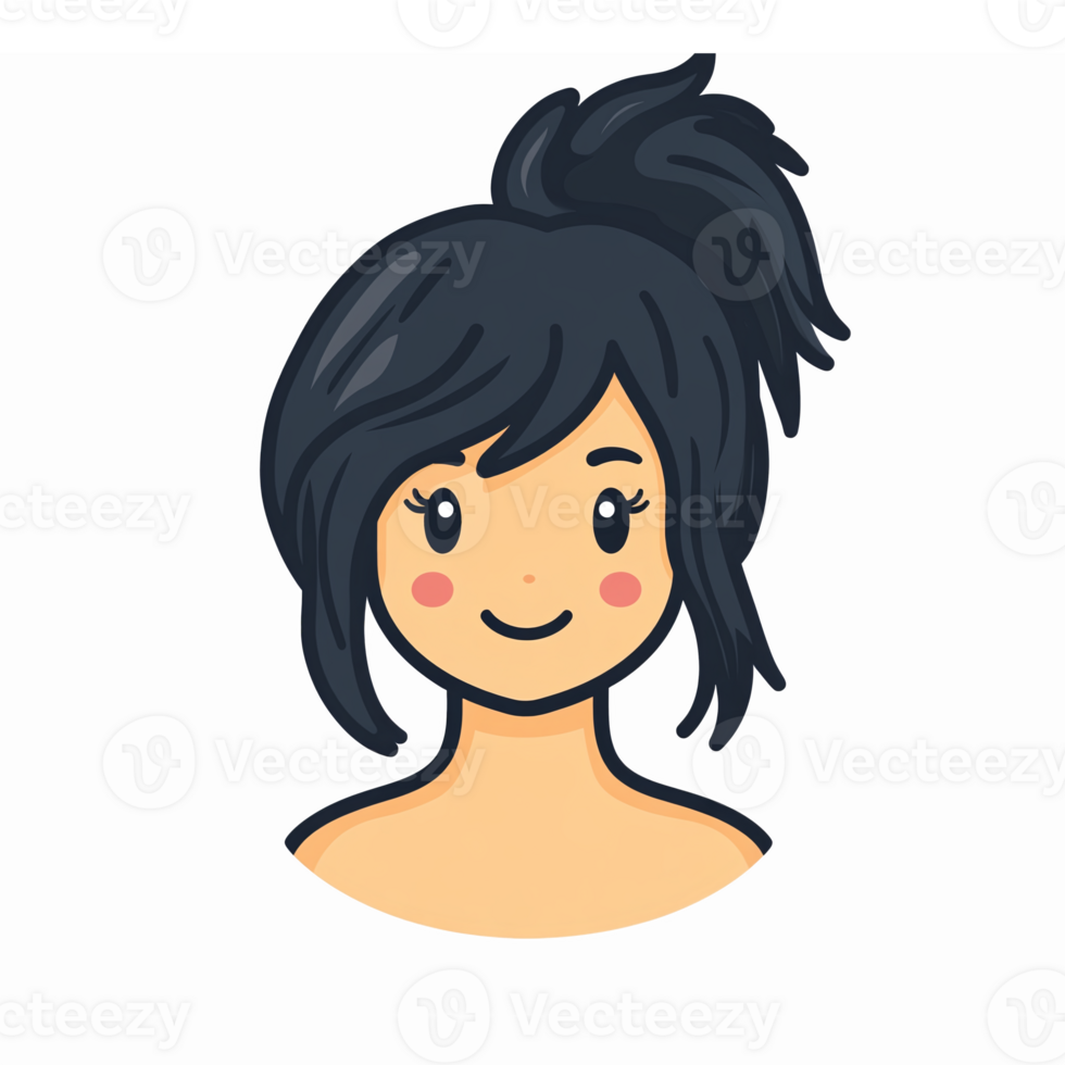 Cute Cartoon Character with Black Hair in Ponytail Smiling Portrait for Fun Design Projects png