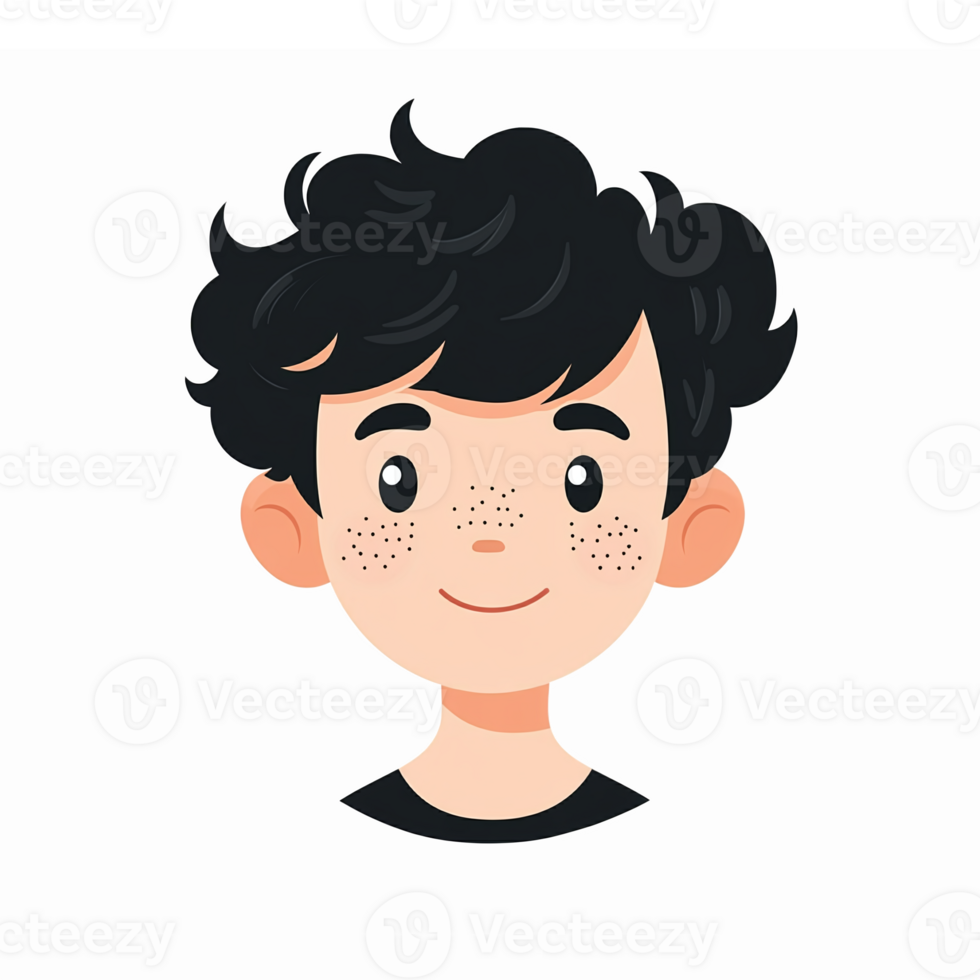 Smiling Young Boy Character with Curly Hair and Freckles Facing Forward png