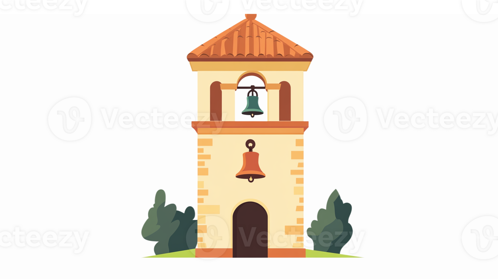 Bell Tower with Greenery and Stone Design Featuring Red Roof and Circular Bell png