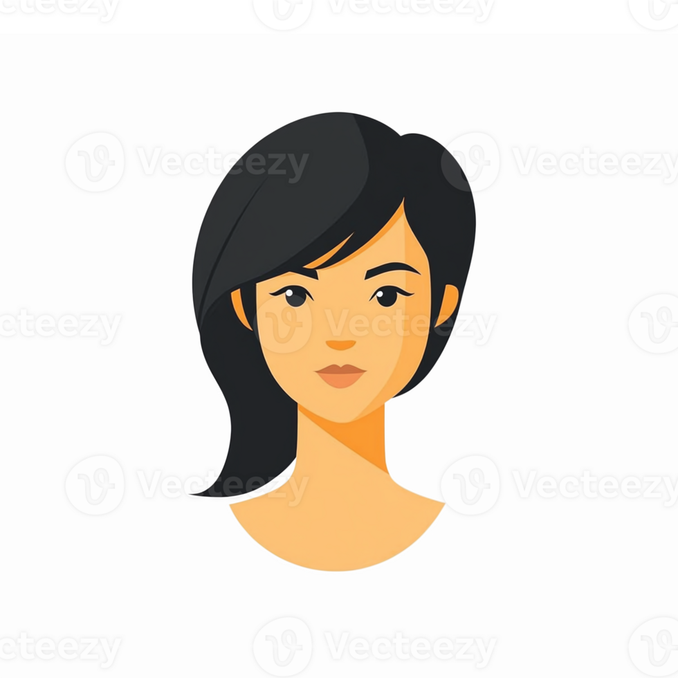 Elegant Female Avatar with Black Hair Featuring Expressive Face for Profile and Social Media png