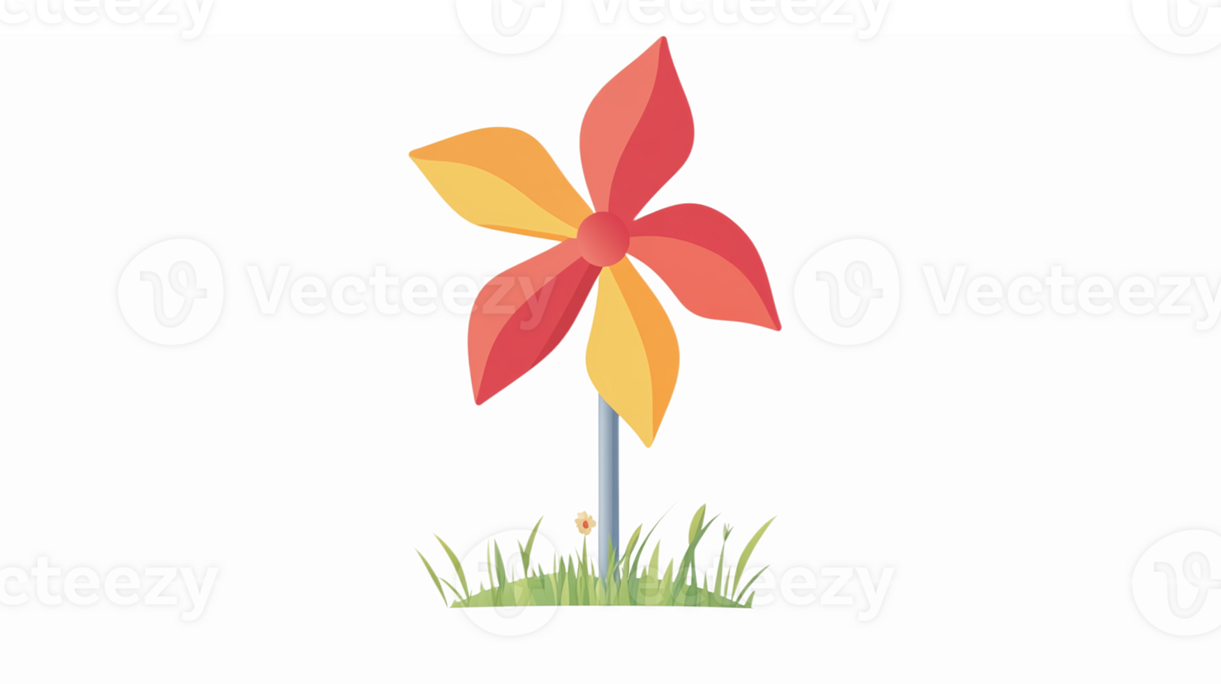 Colorful Windmill Pinwheel Toy with Bright Orange and Yellow Blades on Green Grass png