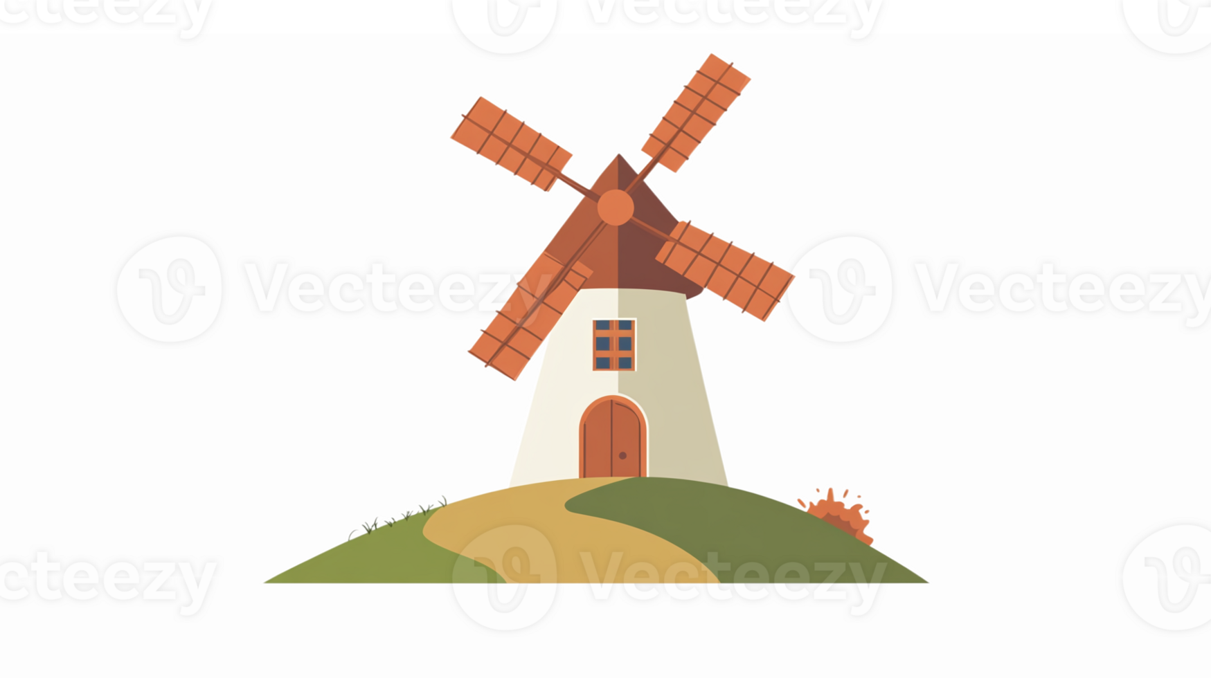 Charming Rural Windmill Surrounded by Green Hills and Pathway in a Whimsical Style png