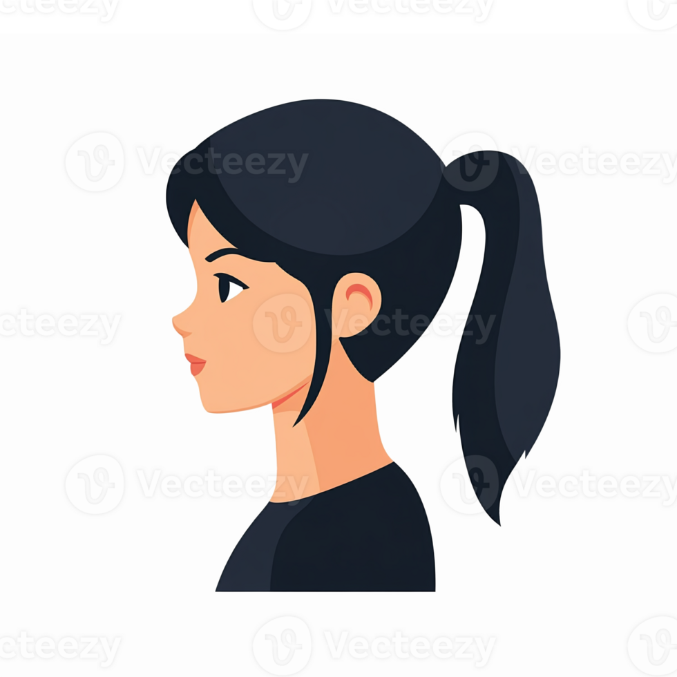 Profile Portrait of Young Woman with Long Dark Hair in Ponytail on Transparent Background png