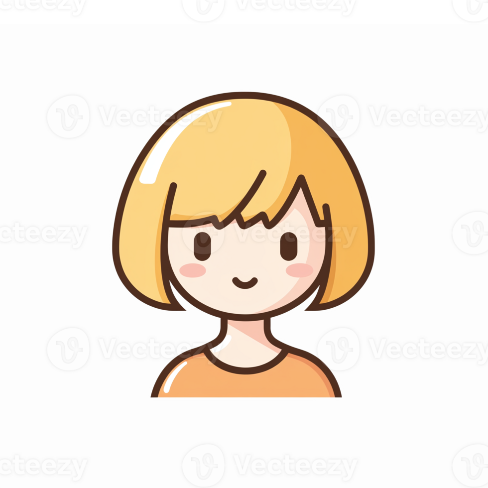 Cute Cartoon Character with Short Blonde Bob Hair Smiling in Orange Shirt png