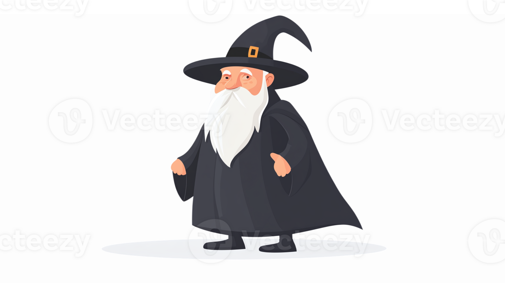 Wizard Character Standing in Black Cloak with Pointed Hat and Long Beard on Transparent Background png