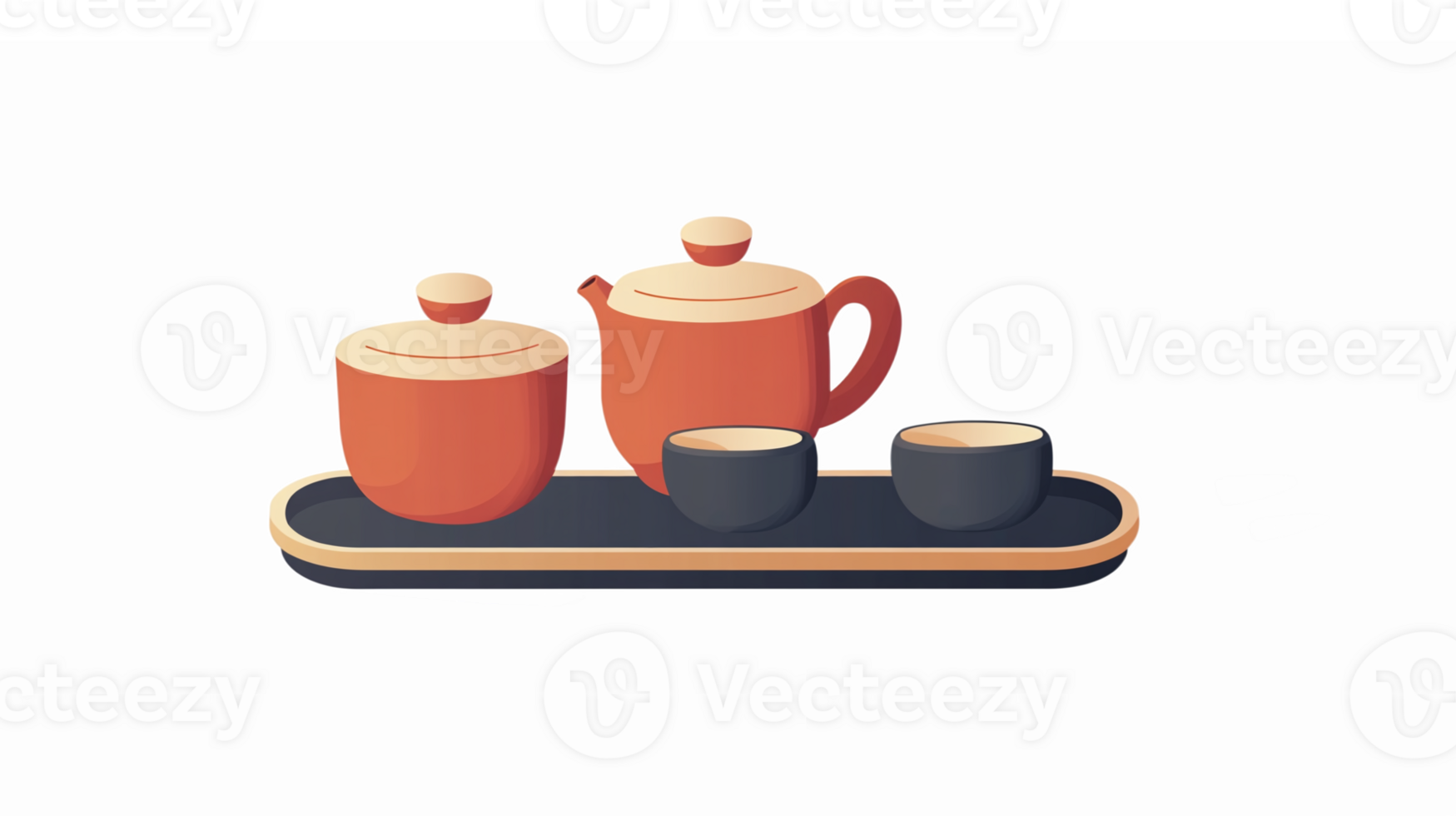 Teapot and Teacups Set on Tray with Minimalist Design and Warm Color Palette png