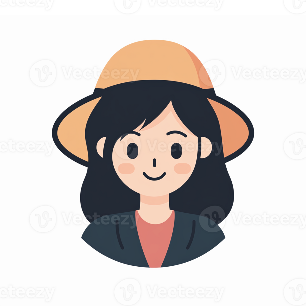 Friendly Young Woman with Black Hair Wearing a Hat and Smiling in Illustration png