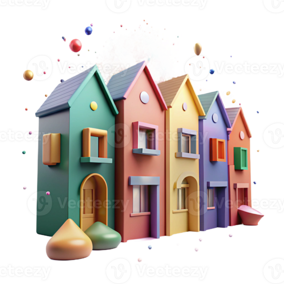 elegant rustic Row of Townhouses with Colorful Facades Cutout Element high resolution png
