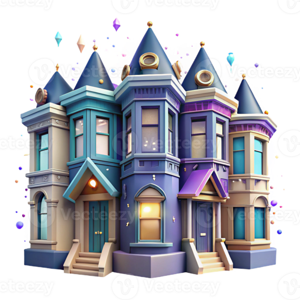 beautiful traditional Row of Victorian Houses with Bay Windows Cutout Element original png