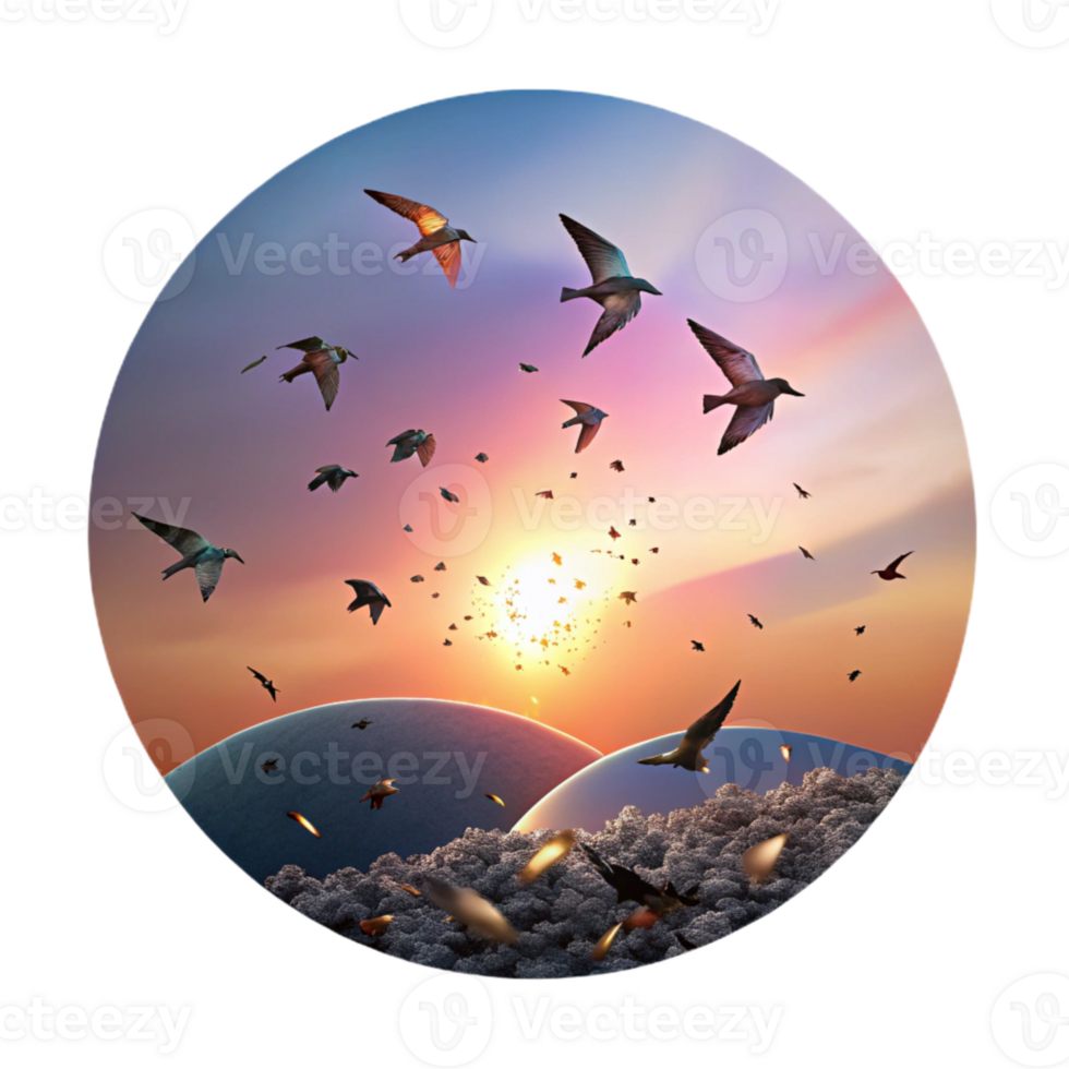elegant minimalist Silhouette of Birds Flying at Sunset Transparent Background png