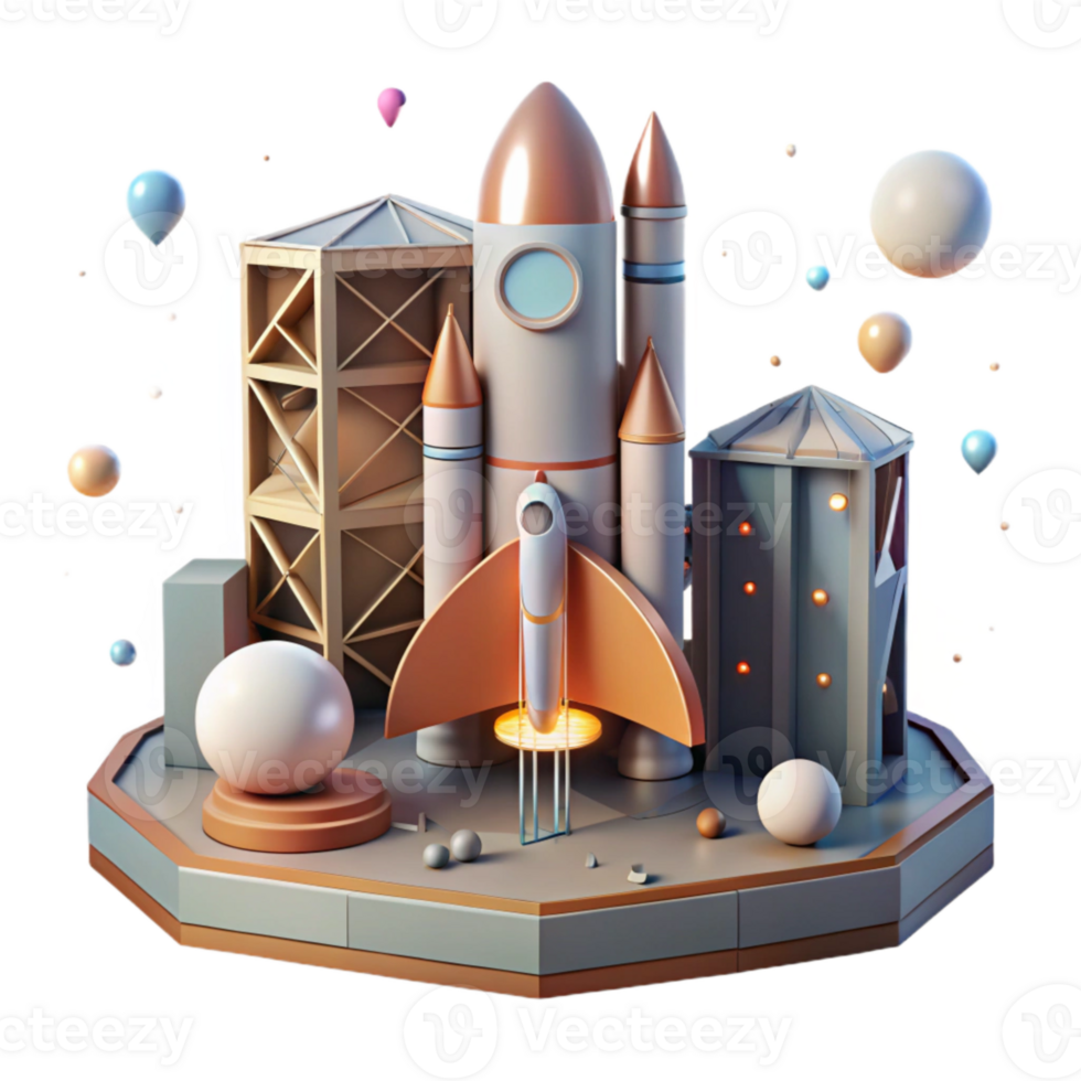 dramatic artistic Space Rocket Launch Pad Cutout with Support Structures original png