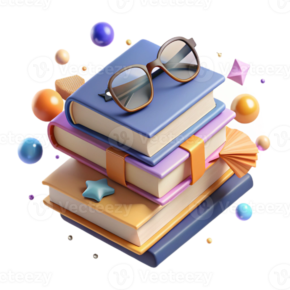 dramatic rustic Stack of Books with Eyeglasses Top View Isolated professional png