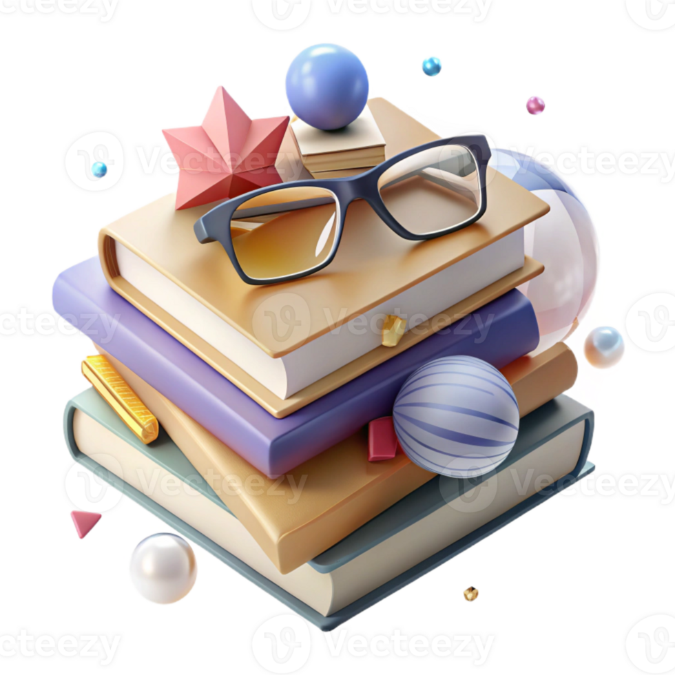 beautiful abstract Stack of Books with Eyeglasses Top View Isolated genuine png
