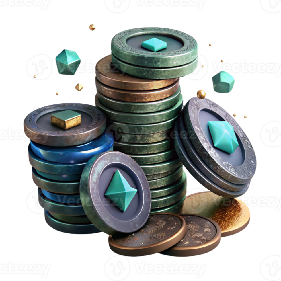 impressive vintage Stack of Old Coins with Patina Finish Isolated Element high quality png