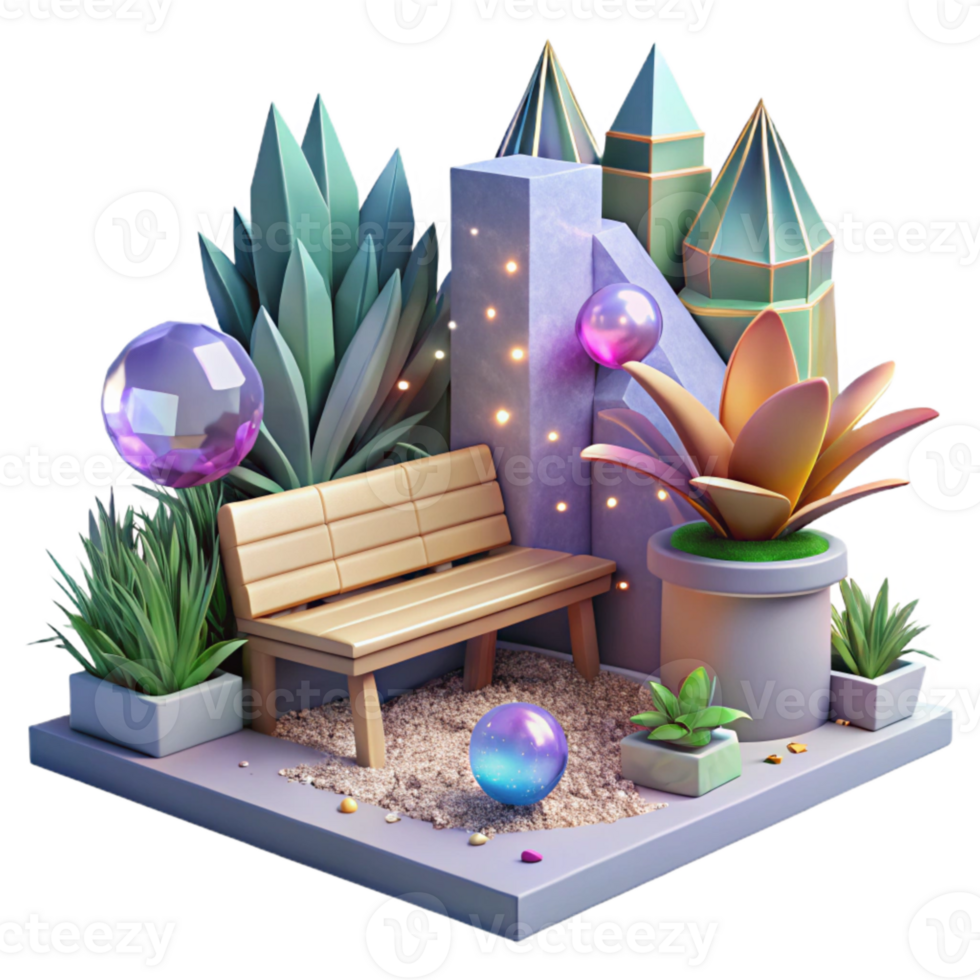 vibrant creative Urban Garden with Bench and Planters Transparent Background premium png