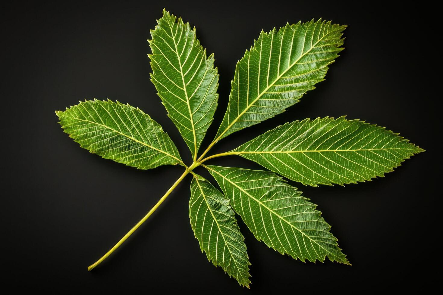 Chestnut Leaf, A long, serrated leaf with prominent veins, elongated with sharp, jagged edges, turning golden yellow to orange in autumn photo
