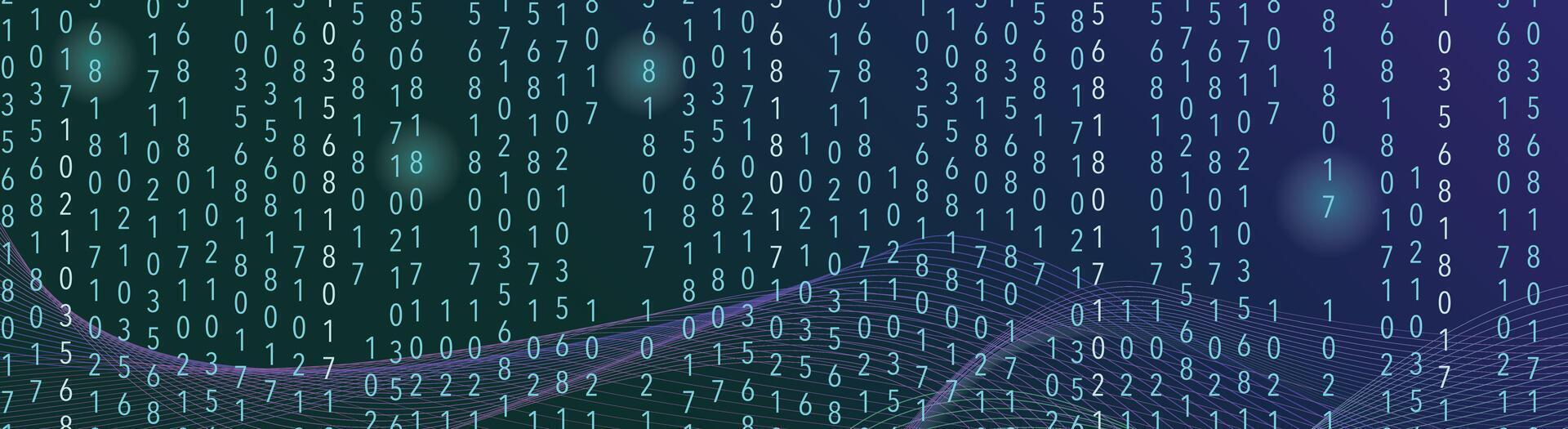 Futuristic digital banner featuring flowing binary data and glowing abstract waves for backgrounds vector
