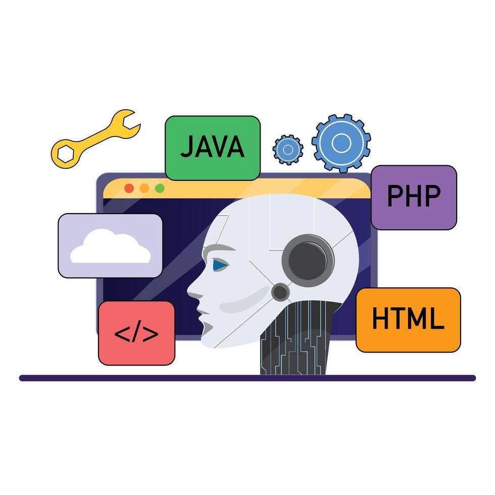 AI robot head illustration with coding symbols, engine units, and isolated tech elements vector