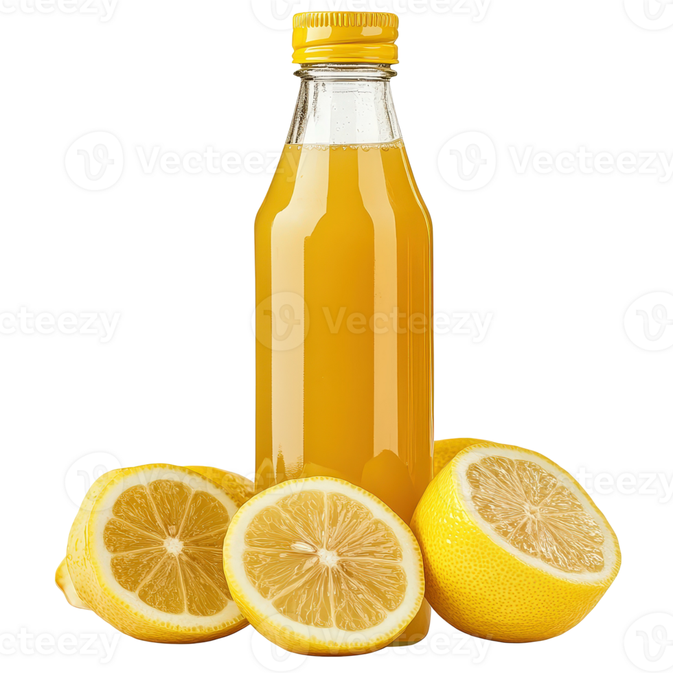 Freshly Squeezed Lemon Juice in Bottle Surrounded by Fresh Lemons on . for Healthy Beverage Promotion png
