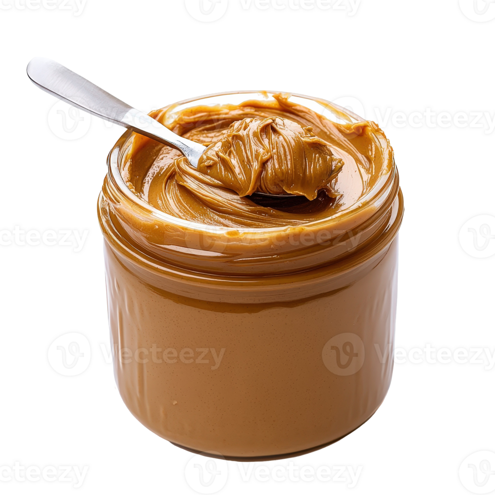 Close up View of Creamy Peanut Butter in Glass Jar with Silver Spoon on . for Culinary Use png