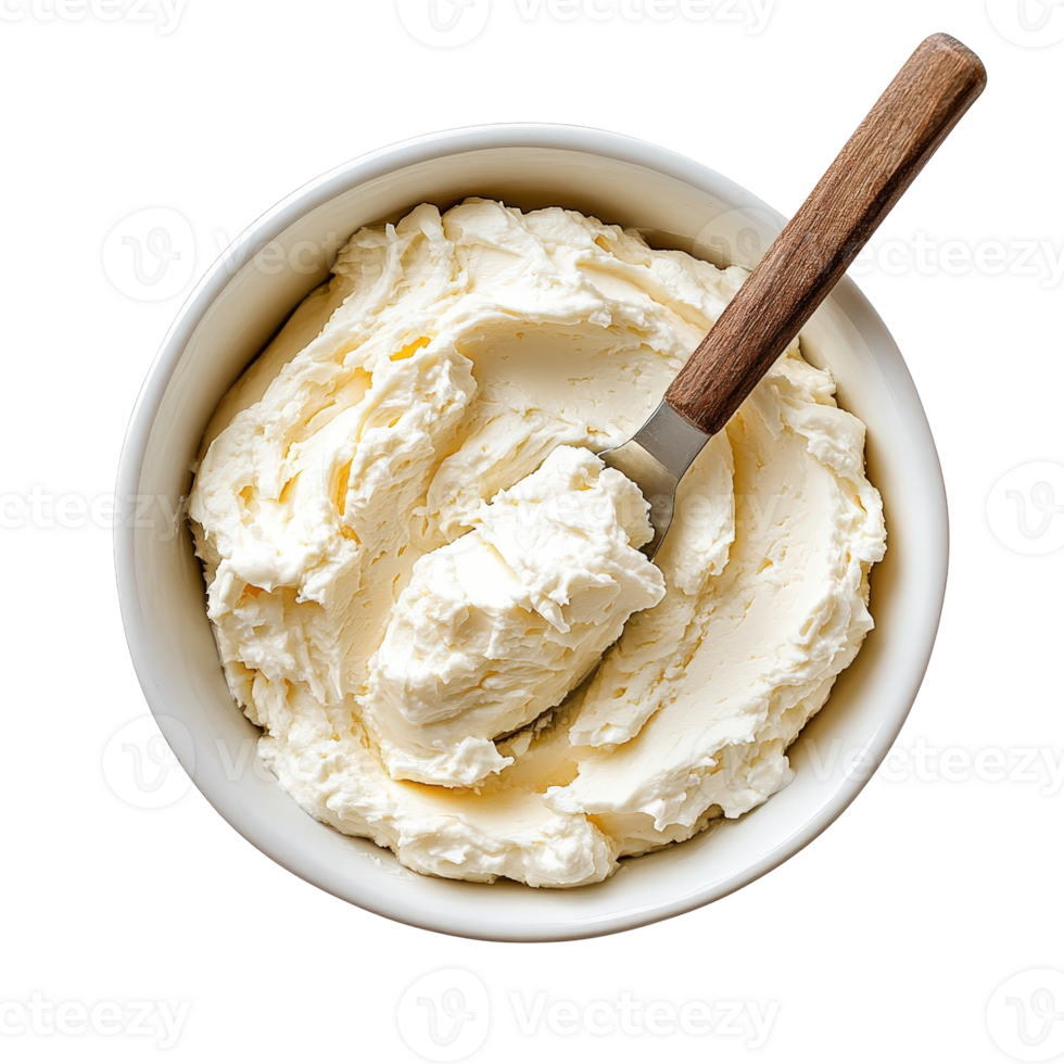 Fresh Creamy Butter in a Bowl with a Wooden Spoon on a Plain Background for Culinary and Cooking Themes png