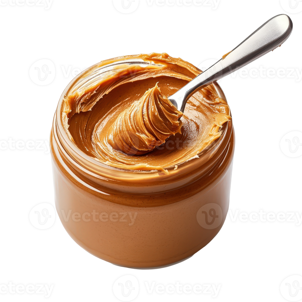Creamy peanut butter in a glass jar with a spoon, . a . for culinary and health themes png