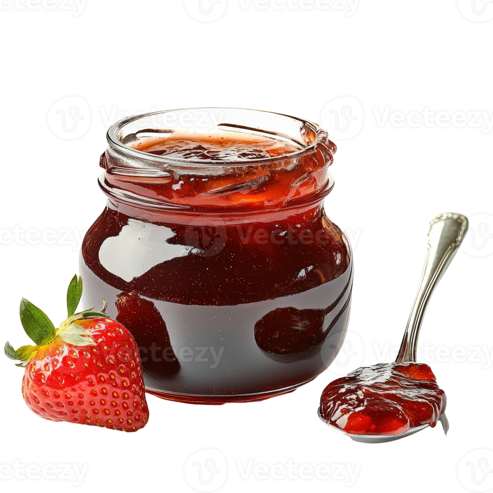 Fresh Strawberry Jam in Glass Jar with Spoon and Strawberries on . for Food Photography and Recipes png