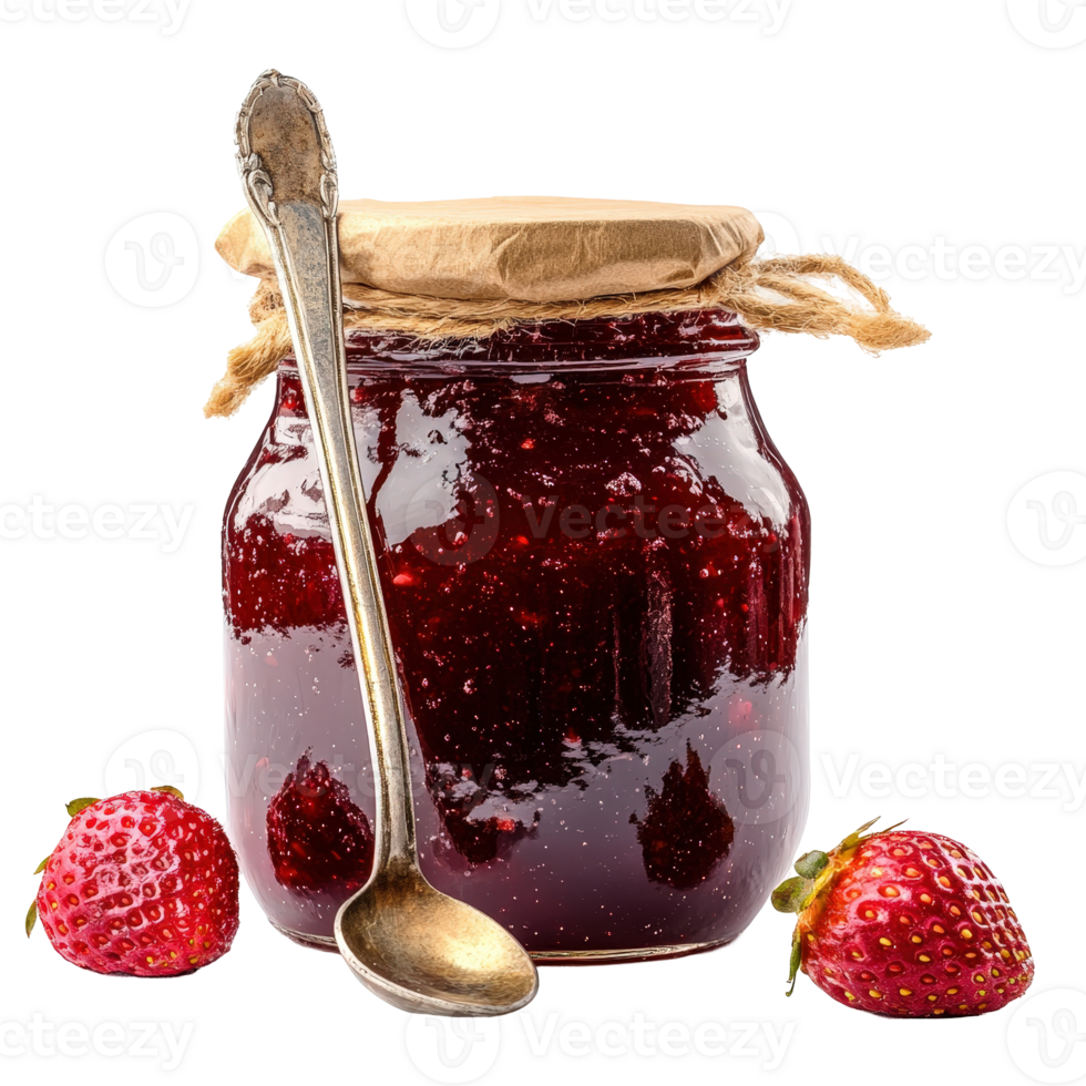 Rustic glass jar of strawberry jam with a vintage spoon and fresh strawberries on a . png