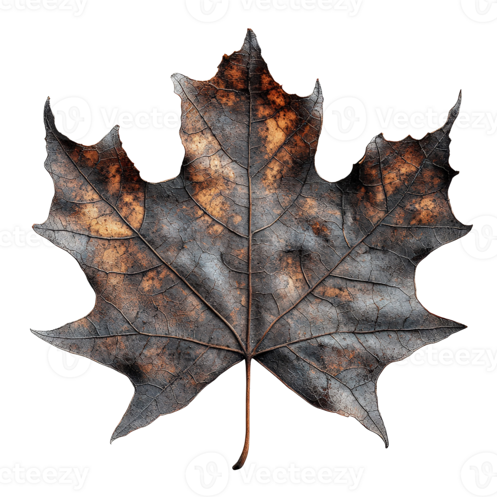 Detailed close up of a brown maple leaf showcasing texture, veins, and natural decay against a . png