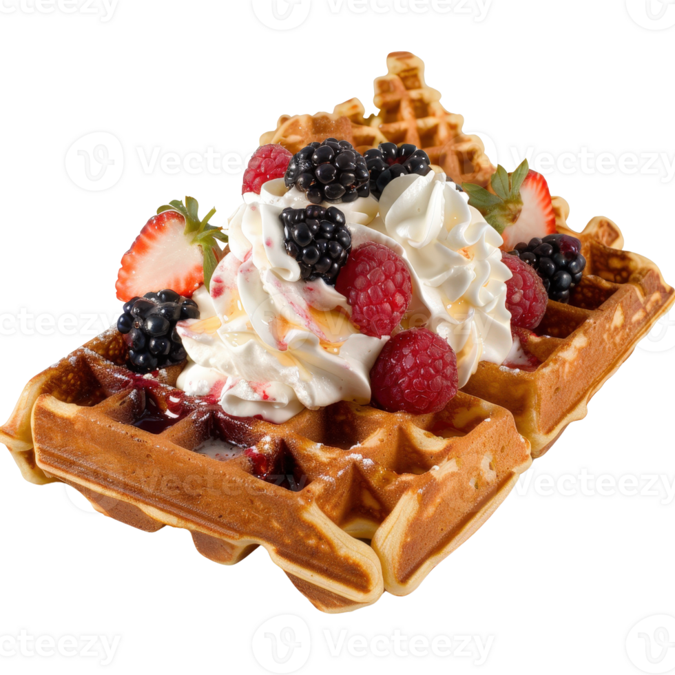 Delicious Waffle Topped with Whipped Cream and Fresh Berries in Bright Light png