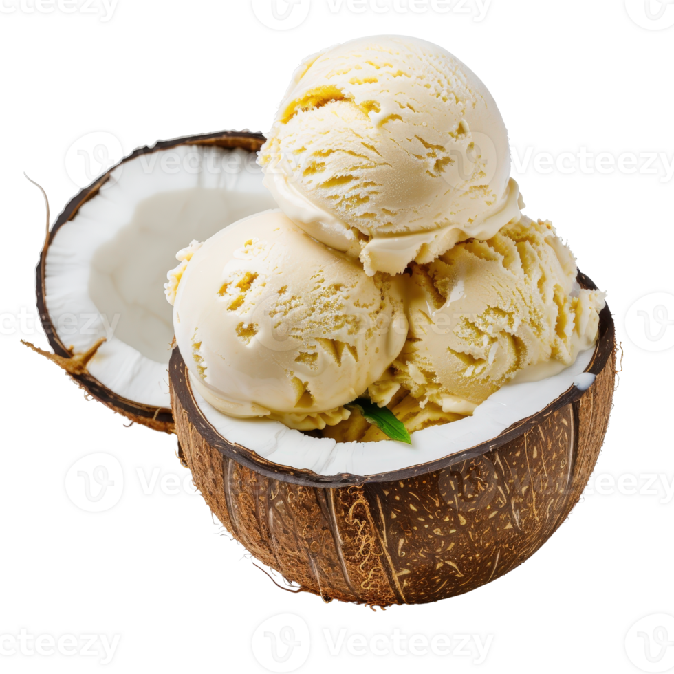 Creamy Vanilla Ice Cream Scoops Served Inside Half Coconut Shell png
