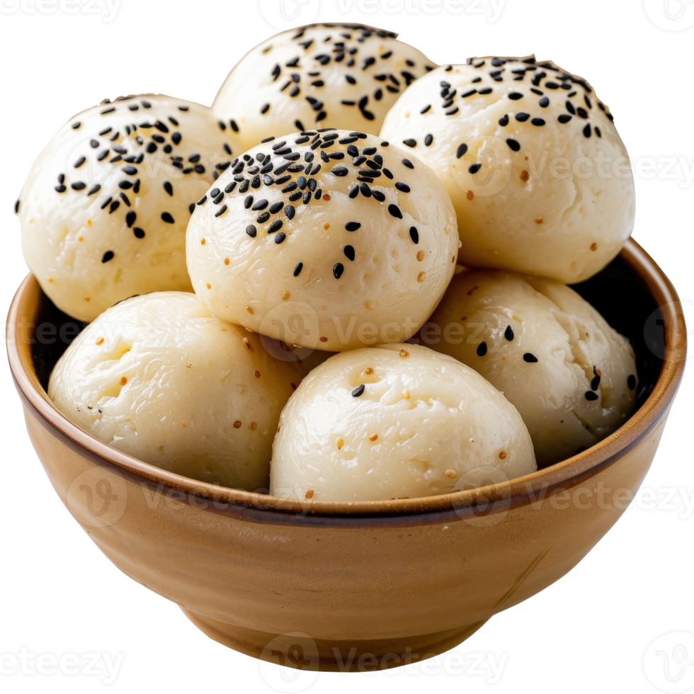 Soft Steamed Dumplings with Black Sesame Seeds in a Brown Clay Bowl on . png
