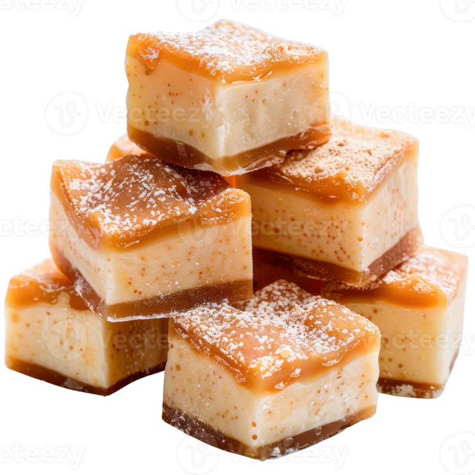 Delicious Caramel Dessert Cubes with Creamy Layers and Sweet Toppings on a . png