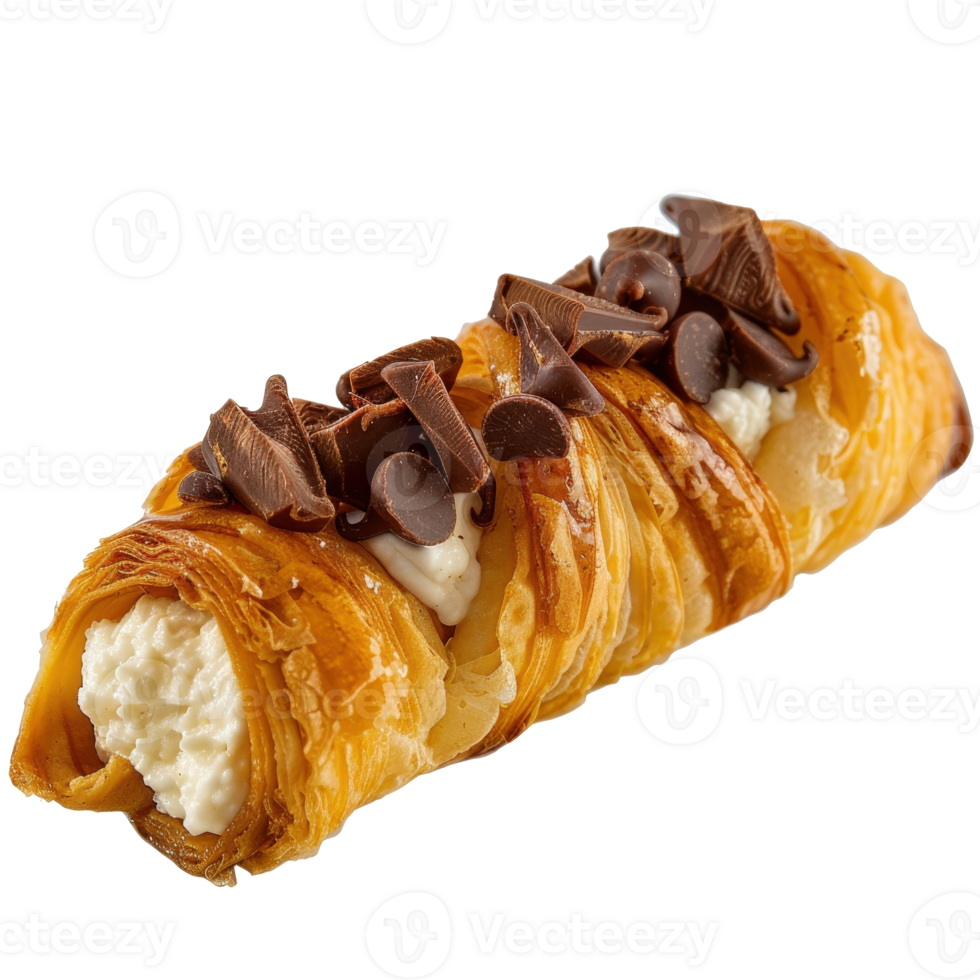 Freshly Baked Pastry Filled with Cream and Topped with Chocolate Chips and Drizzled Sauce png