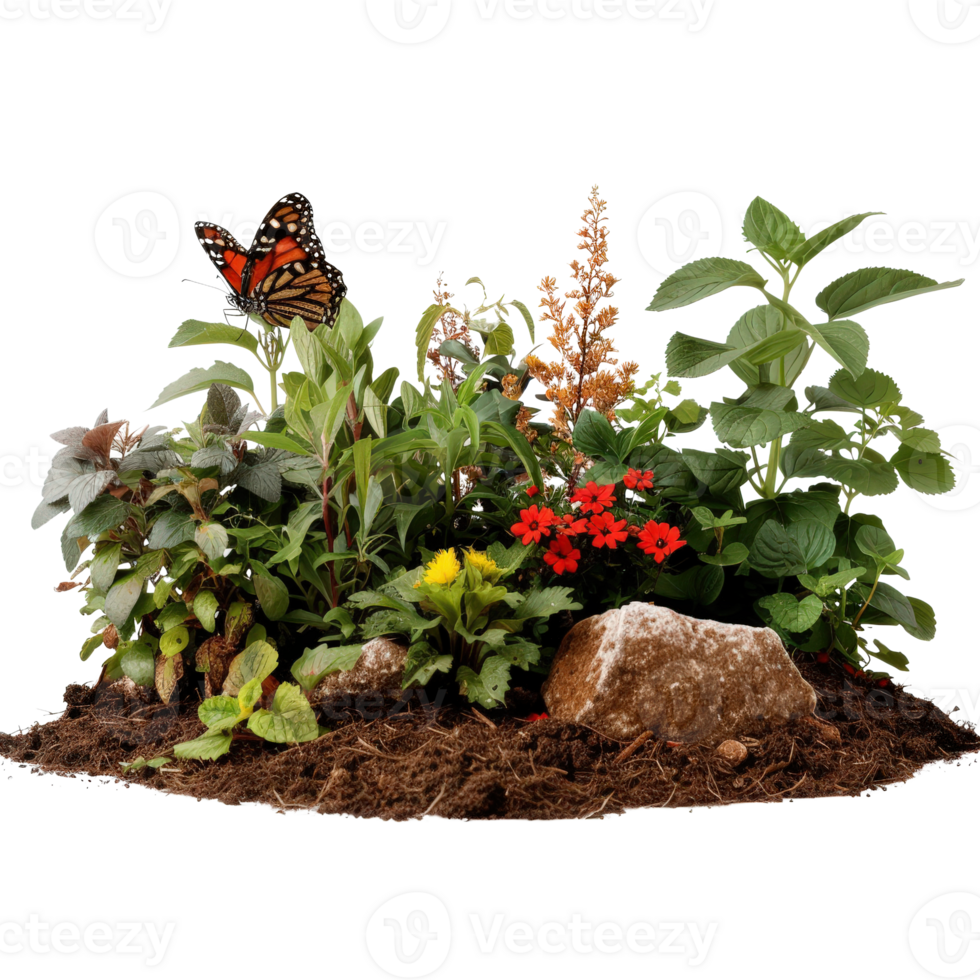 Vibrant Garden Scene with Colorful Flowers, Green Foliage, and a Monarch Butterfly png