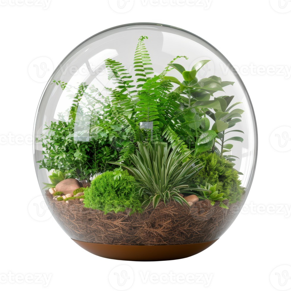 Lush Indoor Garden Terrarium with Diverse Green Plants and Natural Elements Under Glass Dome png