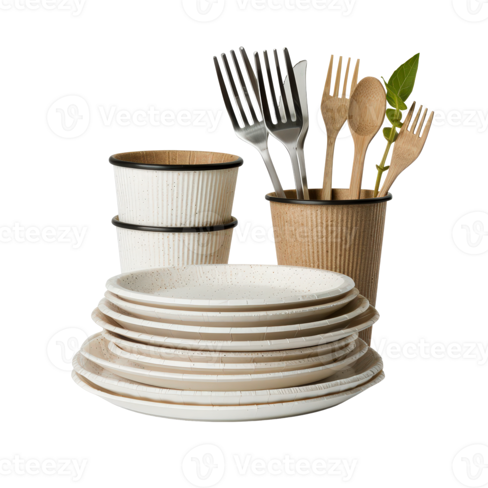 Stylish Kitchenware Arrangement with Plates, Forks, Spoons, Cups, and Natural Elements png