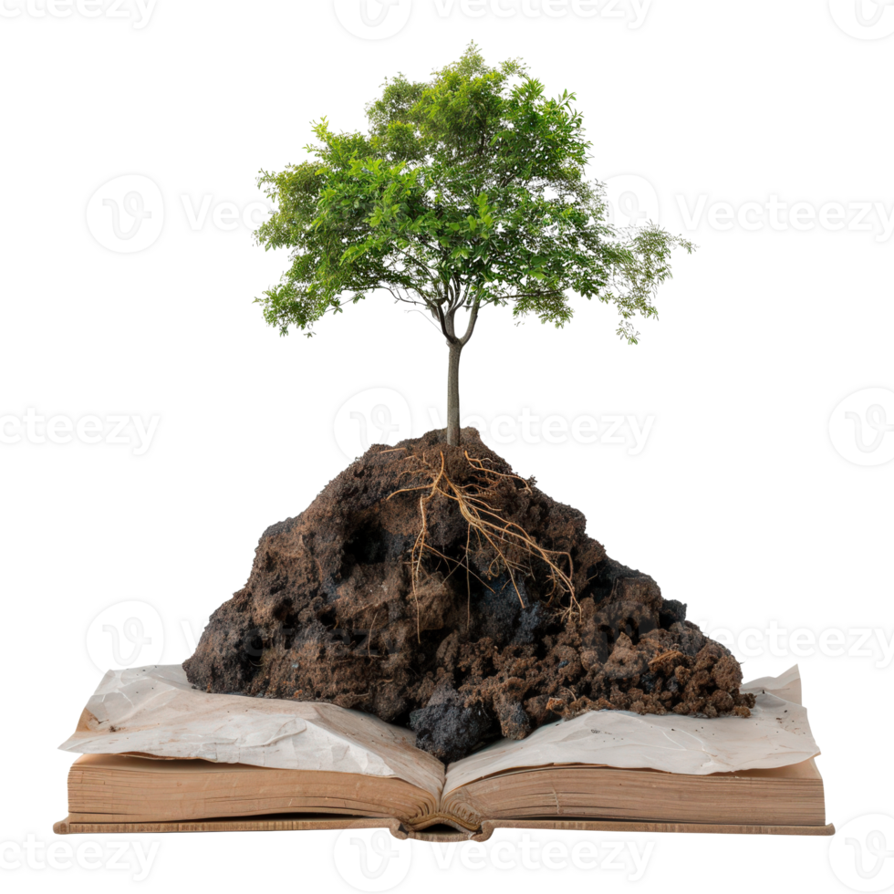 Tree Emerging from Open Book Symbolizing Growth, Knowledge, and Connection to Nature png