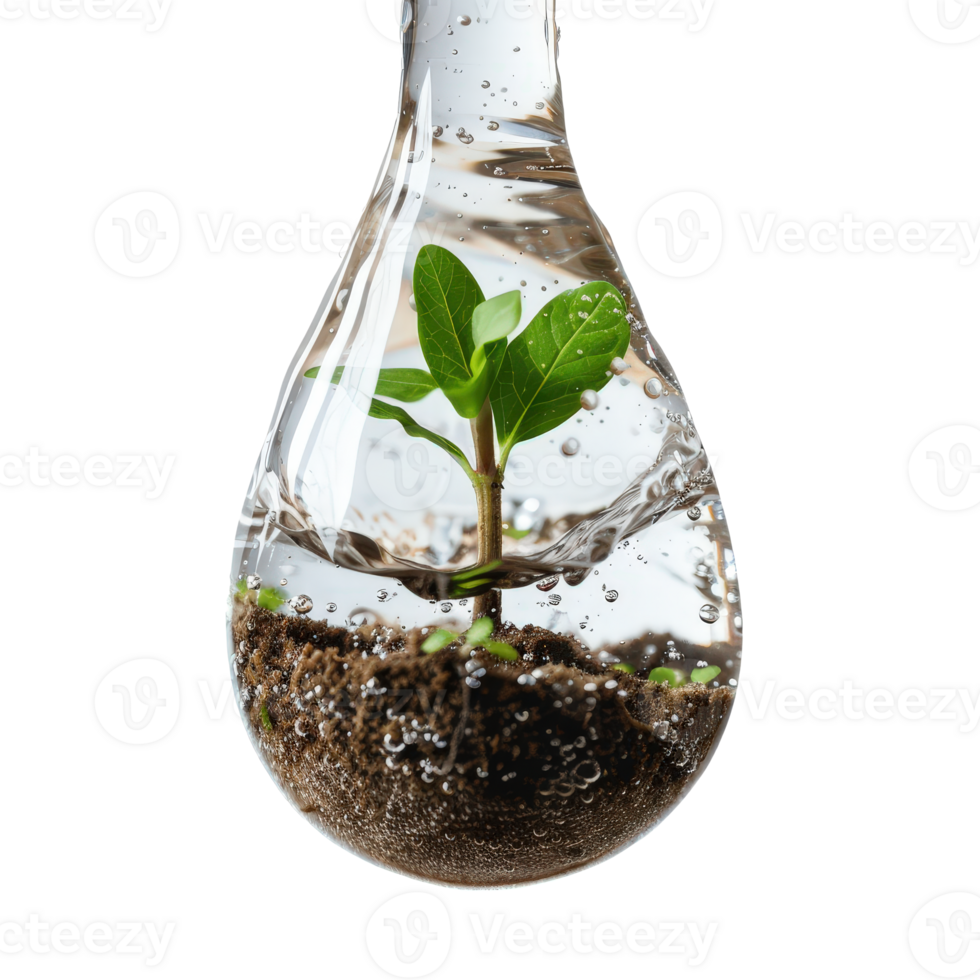 Water Drop Containing Plant Seedling Surrounded by Soil and Air Bubbles in Clear Liquid png