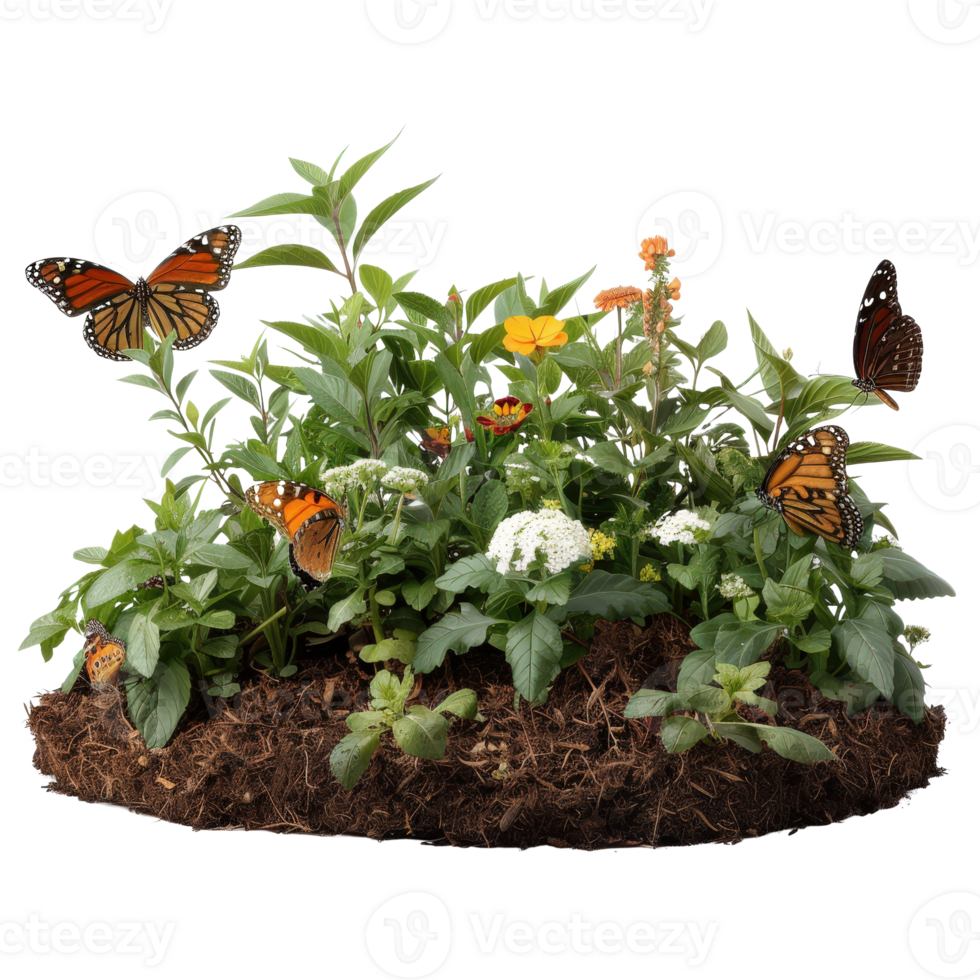 Vibrant Garden Scene with Butterflies and Colorful Flowers Surrounded by Lush Greenery png
