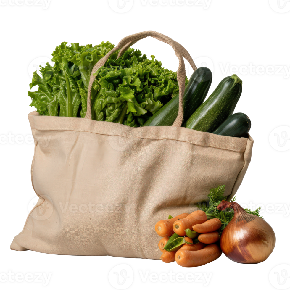 Fresh Organic Vegetables in a Canvas Bag Including Lettuce, Zucchini, Carrots, and Onion png