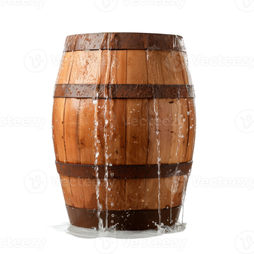 Wooden Barrel with Water Flowing Over Surface in a Studio Setting on a . png