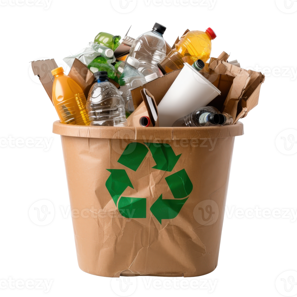 Waste Recycling Bin Filled with Plastic Bottles and Cardboard for Environmental Sustainability png