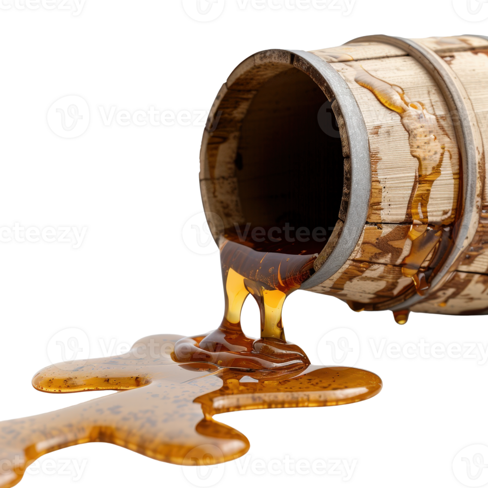 Spilled Honey from Wooden Barrel Creating a Golden Pool on a Surface png