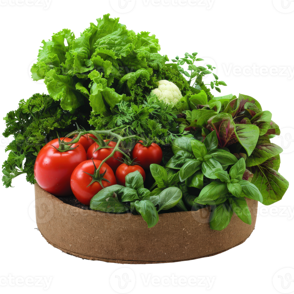 Fresh Organic Vegetables and Greens in Round Container with Colorful and Vibrant Presentation png
