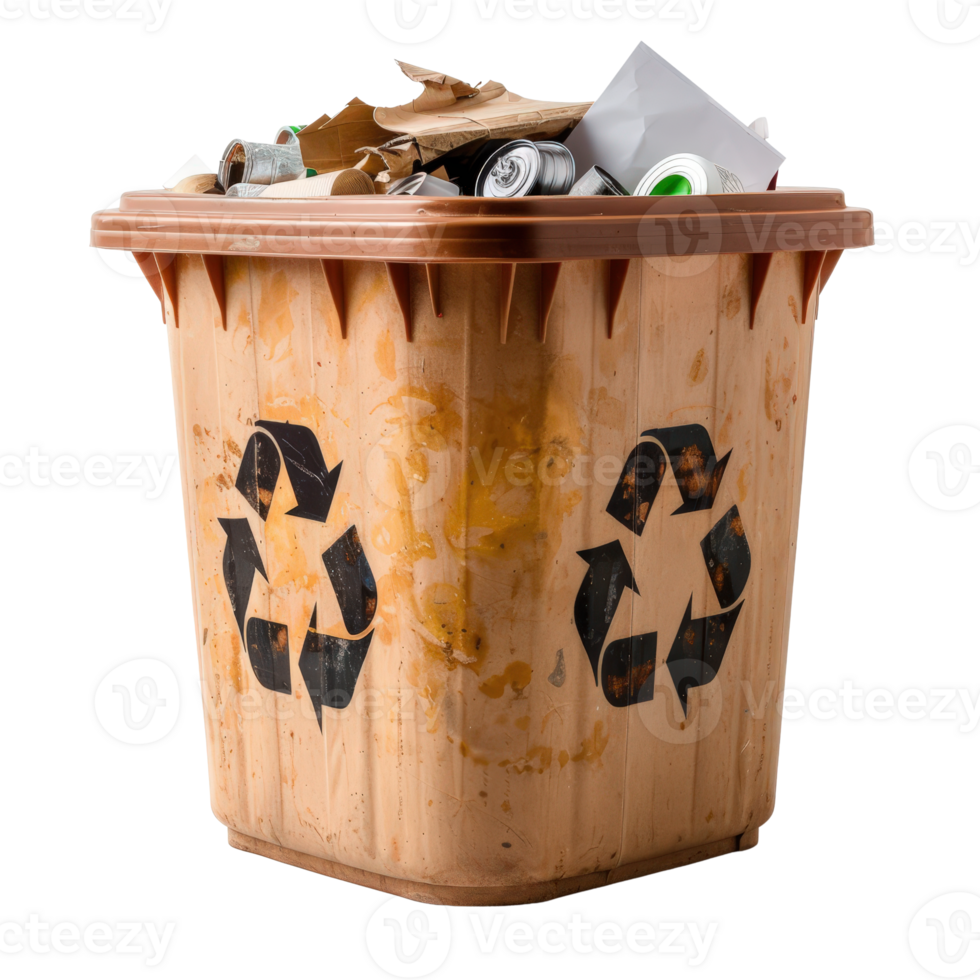 Brown Recycling Bin Filled with Various Types of Waste Materials and Trash Bags png