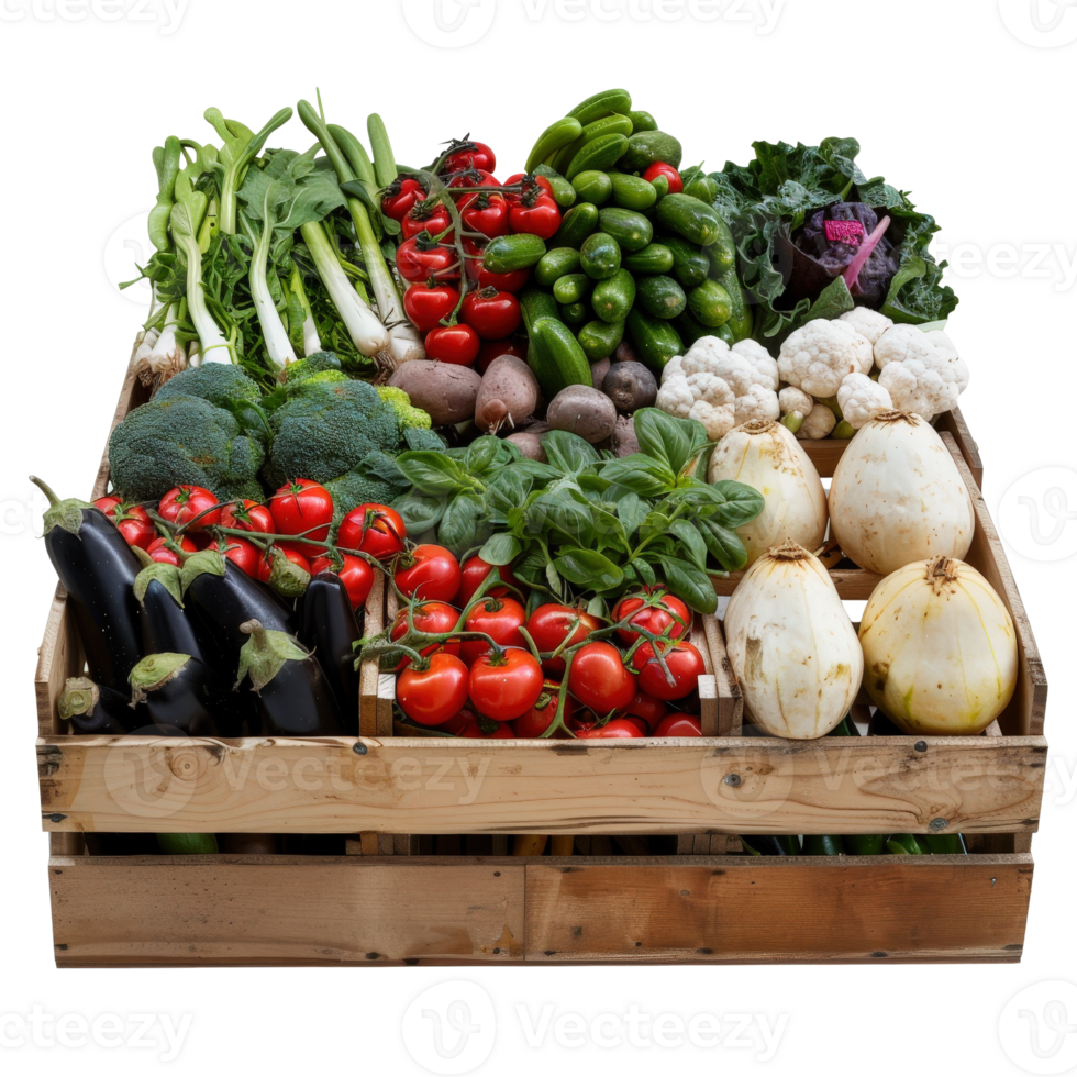 Fresh Harvest of Colorful Vegetables in a Wooden Crate Displaying Healthy Food Choices png
